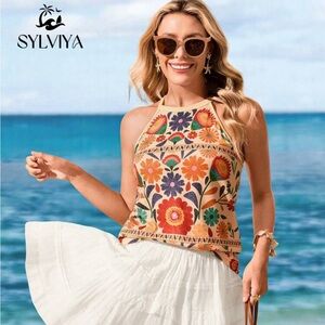 Floral Halter Tank Top in Beige with Multicolor Embroidery